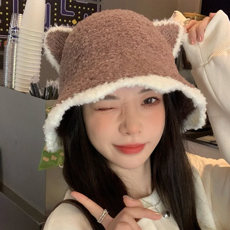 Cat Ear Fluffy Faux Fur Bucket Hats Women Rabbit Fur Warm Thick Plush Winter Hat Lady Fashion Luxury Panama Furry Fisherman Cap