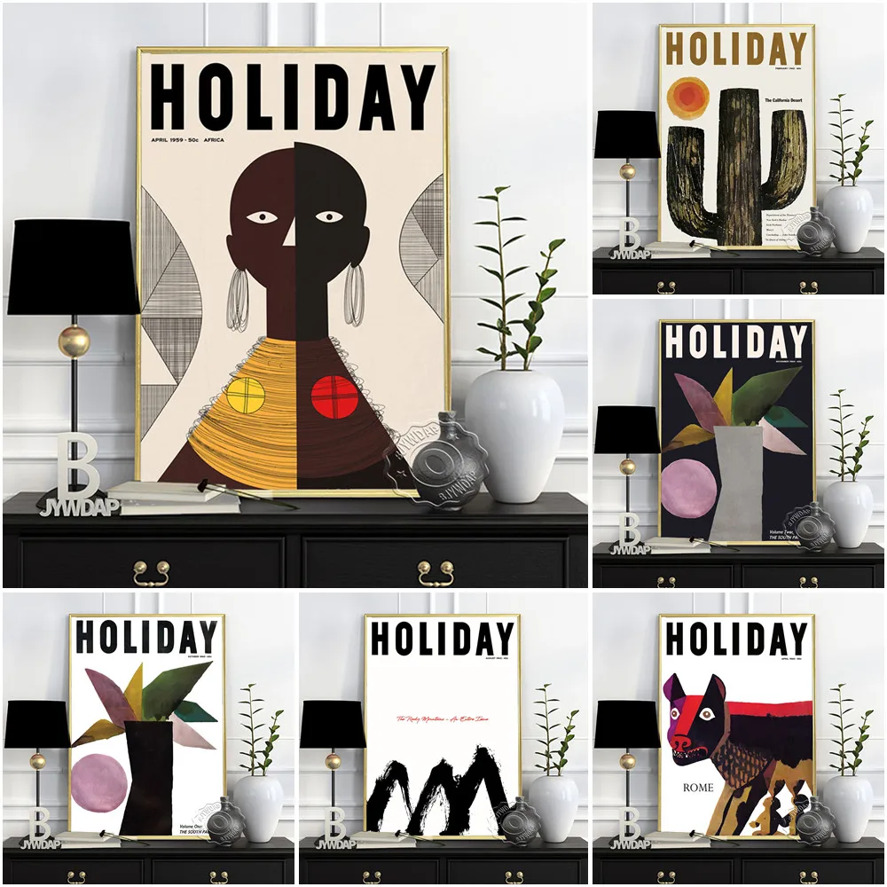 George Giusti Mid Century Art Print Poster Holiday Africa Travel Wall Picture Abstract Cactus Tree Cow Canvas Painting Decor