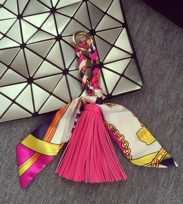 Fringed Leather & Silk Scarf-Inspired Bag Charm with Keychain