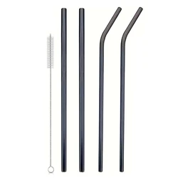 Set of 4 Stainless Steel Reusable Straws with Cleaning Brush (Black)