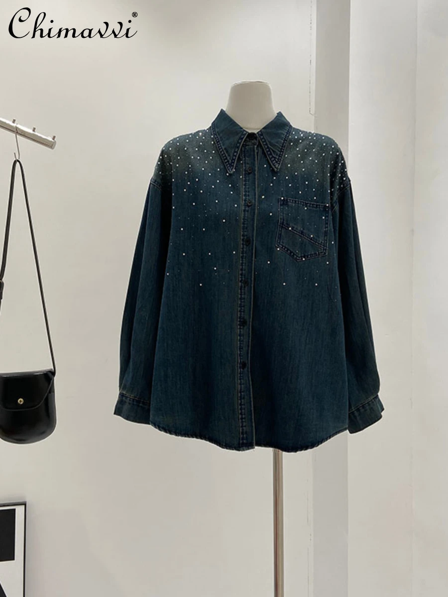 

Heavy Rhinestone Gradient Color Denim Shirt Female 2024 Spring Clothes Korean Fashion Loose Streetwear Mid-Length Blouse Tops