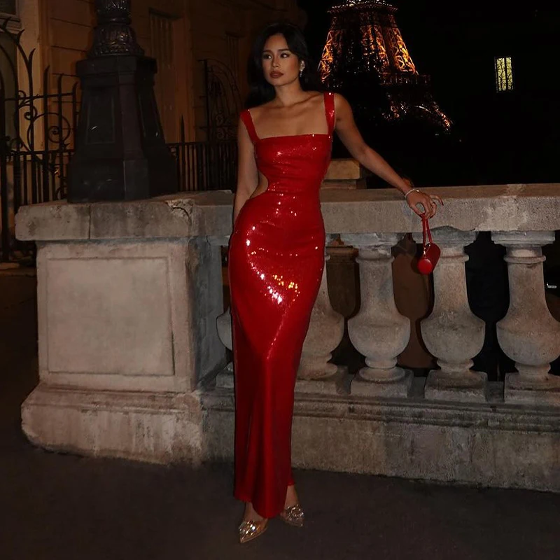 Sexy Square Neck Sling Long Dress Women Shinny Backless Hollow Out Sleeveless Slim Maxi Dresses New Lady Party Club Gowns ﻿