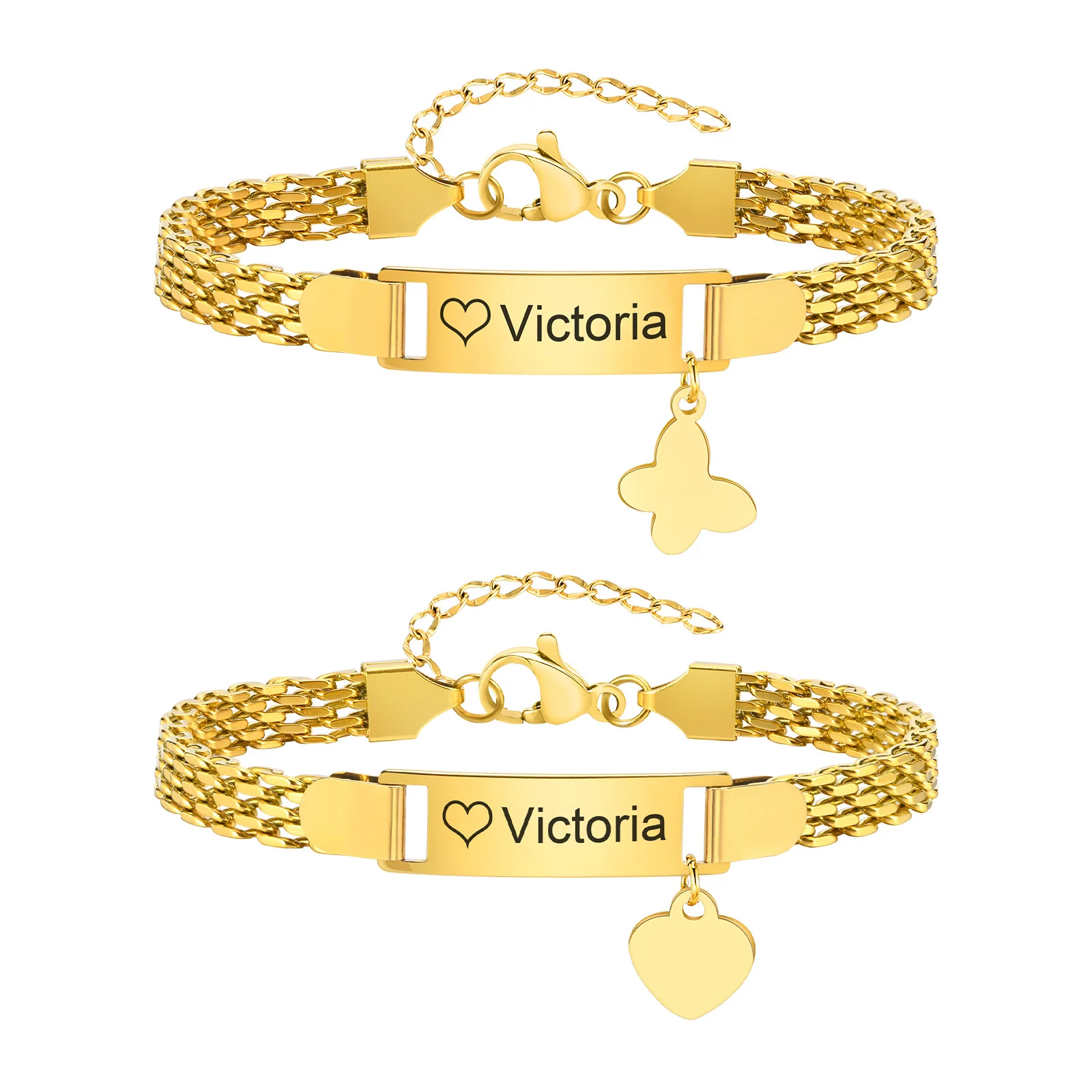 Kostenlose Gravur Edelstahl benutzerdefinierte Armbänder Name Datum Gold Farbe Herz Schmetterling Form für Baby Kind Geburtstagsgeschenk – Detail 1