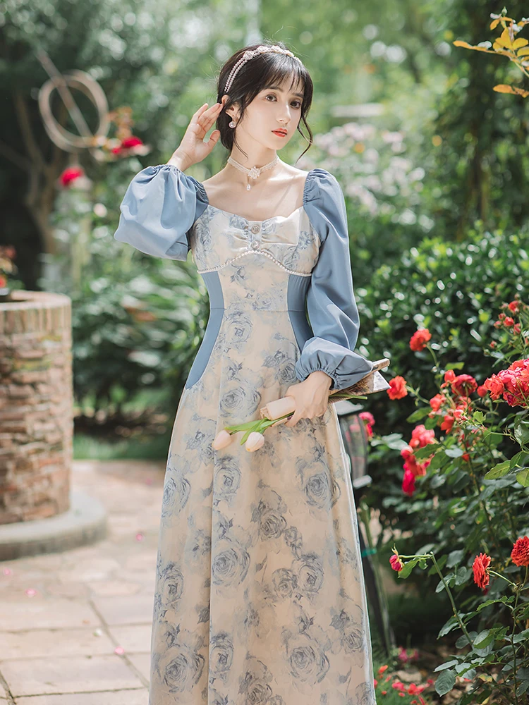 French Vintage Dresses Long Sleeve Beaded Square Neck Rose Painted Blue  Gorgeous Vestido Mujer Retro Fashion Women Fairy Dresses - Dresses -  AliExpress