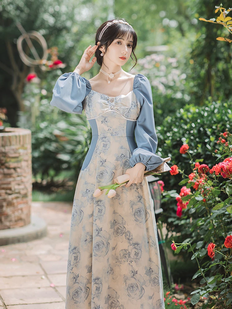 Vestidos Vintage franceses de manga larga con cuentas y cuello cuadrado, Rosa pintada en azul, precioso Vestido de moda Mujer, vestidos hadas| | - AliExpress