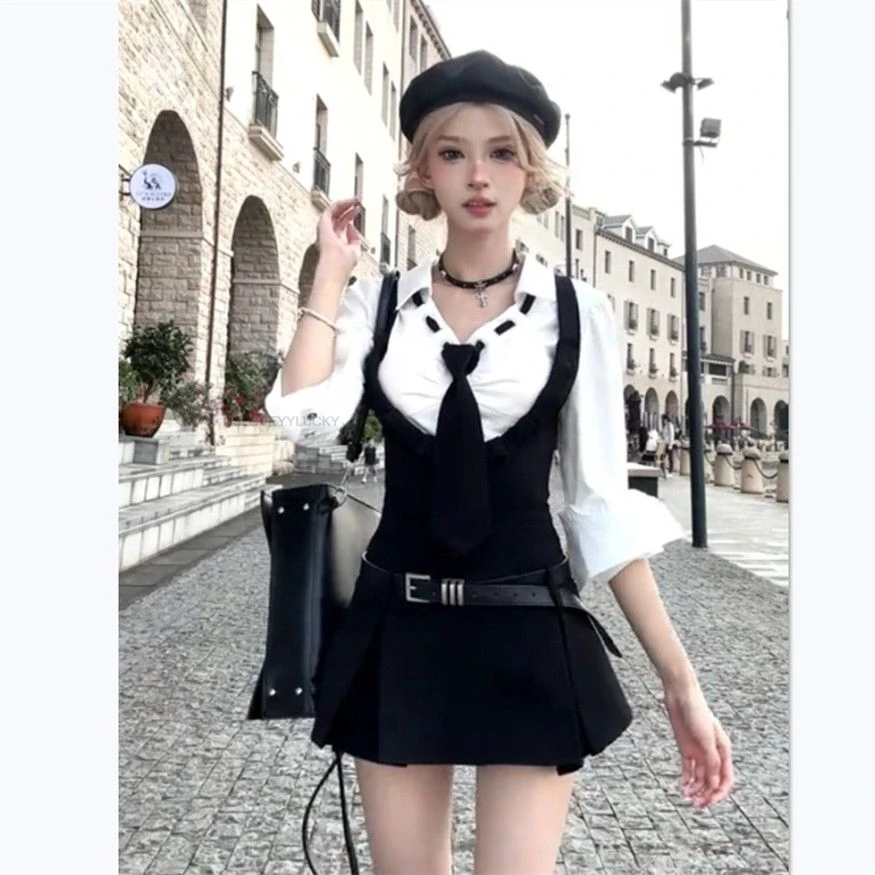 Lace Patchwork Shirt Overall Set College Style School Uniform Two Piece Set High-waisted Slimming Short Skirt two-piece Set