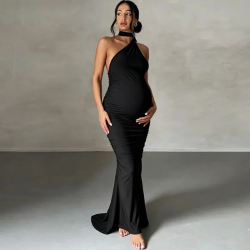 One Shoulder Backless Maternity Dress, Ruched Bodycon Maxi Gown for Pregnancy Photoshoot, Sexy Baby Shower and Evening Outfit