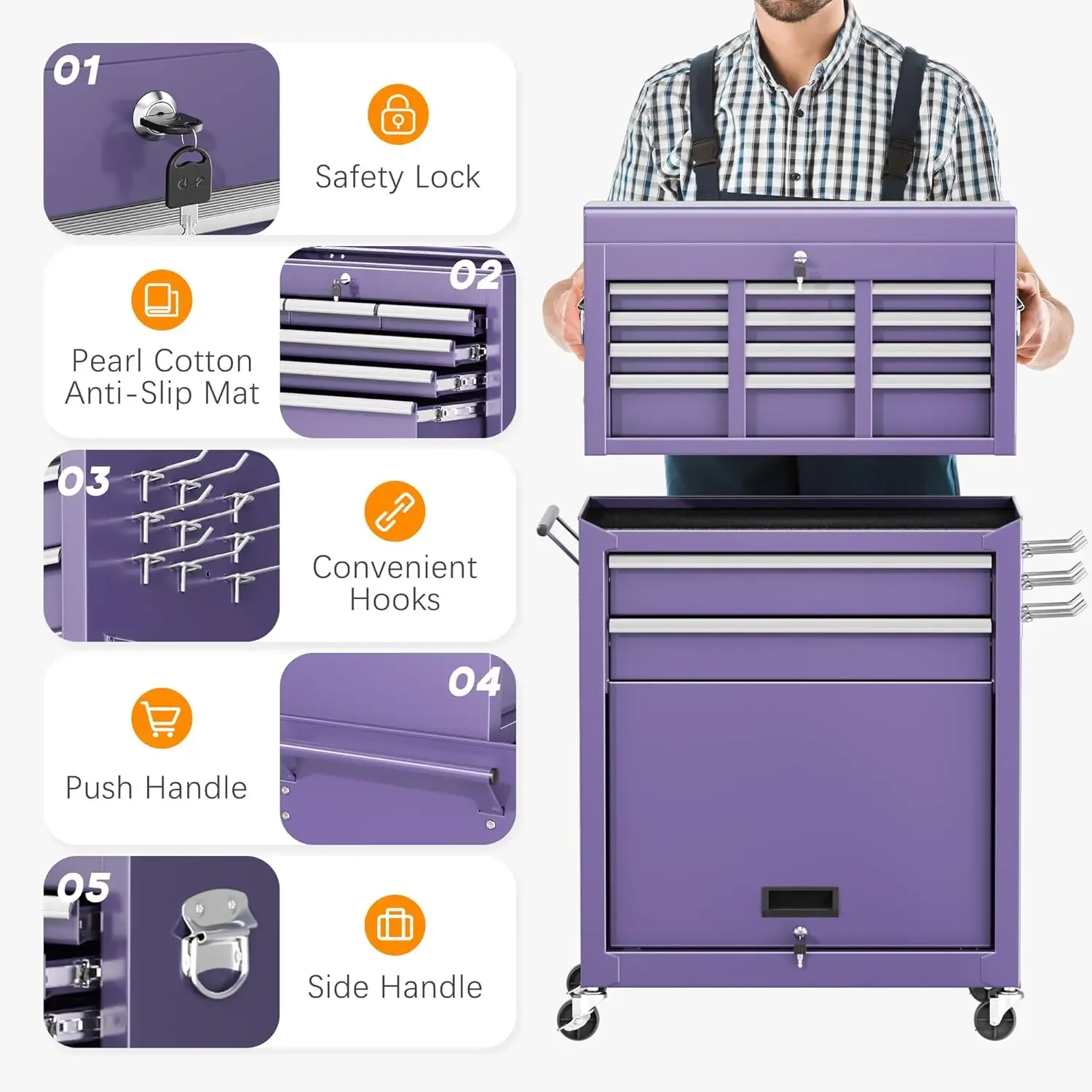 Purple Chest, 5-Drawer Rolling Storage Cabinet with Detachable Top Box, Chest with Universal Lock 6