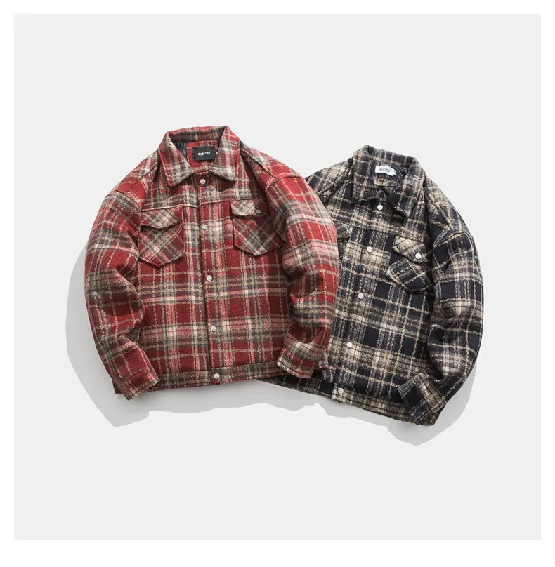 

Jacket Men's Cotton American Retro Red Plaid Stitching Spring Autumn Loose Single-Brewed Casual Couple Shirt Fashion All-Match