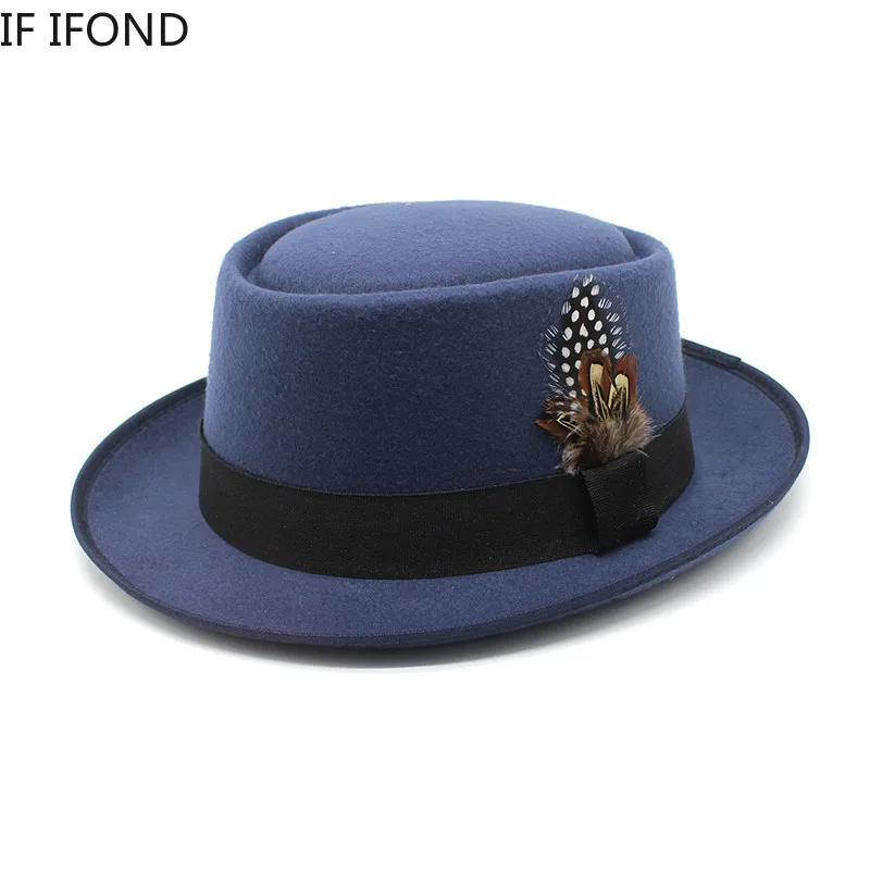 Vintage Curved Brim Felt Fedora Hat For Men Women Autumn Winter Trilby Jazz Hat With Feather Church Pork Pie Hats 4