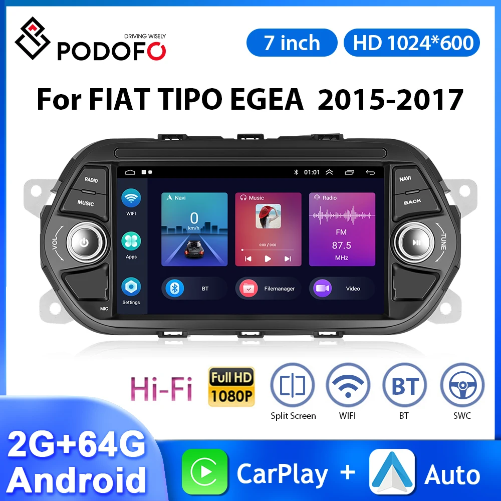 Podofo 7 ''Autoradio Android Per Fiat Tipo Egea 2015-2017 2Din Lettore Video Multimediale Carplay Android Auto Gps Wifi Autoradio