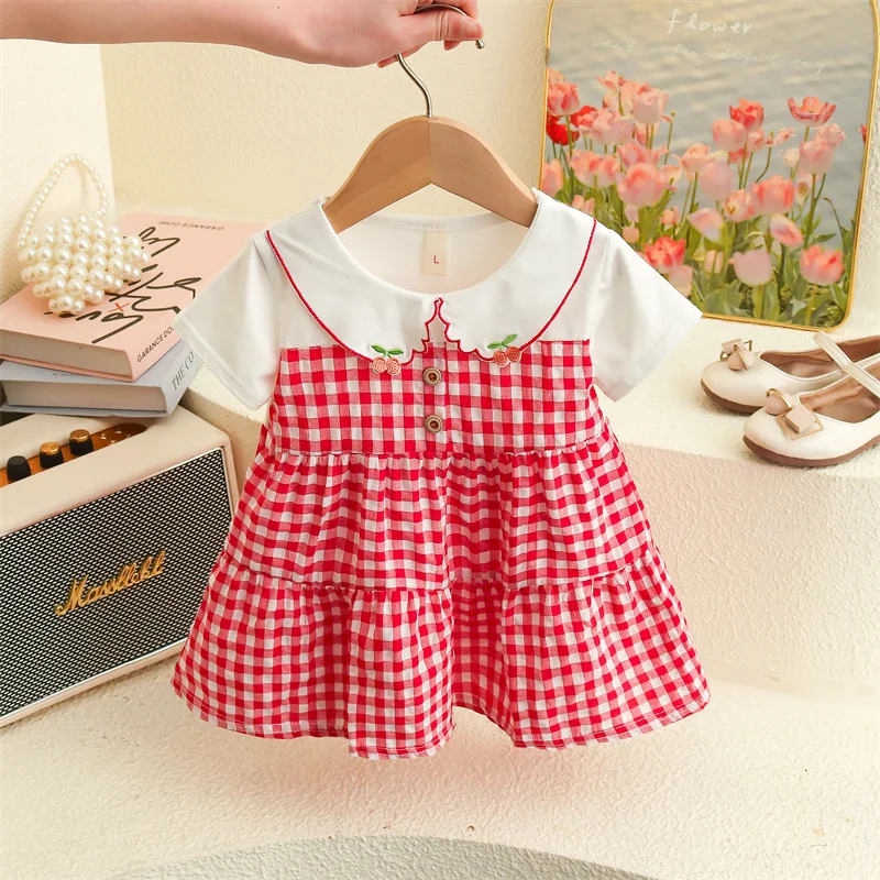 Baby Girl Dress Short Sleeved Cherry Collar Plaid For 6-24 Months girls dress,baby girl dress