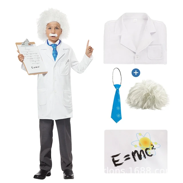 Disfraz profesional de alta calidad para niños, traje de niño de científico  loco con peluca, Halloween