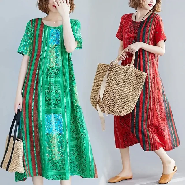 2023 Summer Loose-Fit Ice Silk Short Sleeve Printing Dress Medium-Length Mother's Attire Vintage Artistic Elegant Long Dress