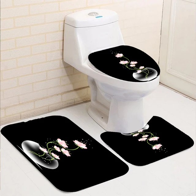 Rose Flower Shower Curtain Set Non-Slip Rugs Bath Mat Toilet Lid Cover and 12 Hooks Waterproof Polyester Bathroom Decor M-Bath Rug Mat-3Pcs