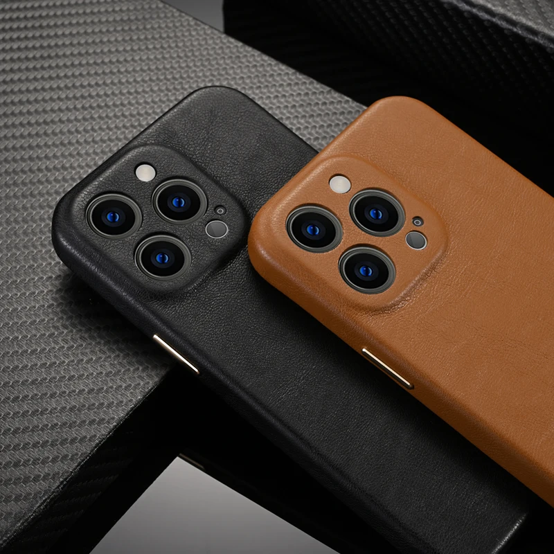 For iPhone 13 Pro Max Luxury Genuine Leather Case Camera Lens Protection Back Cover For iPhone 14 Pro Max Metal Button Case