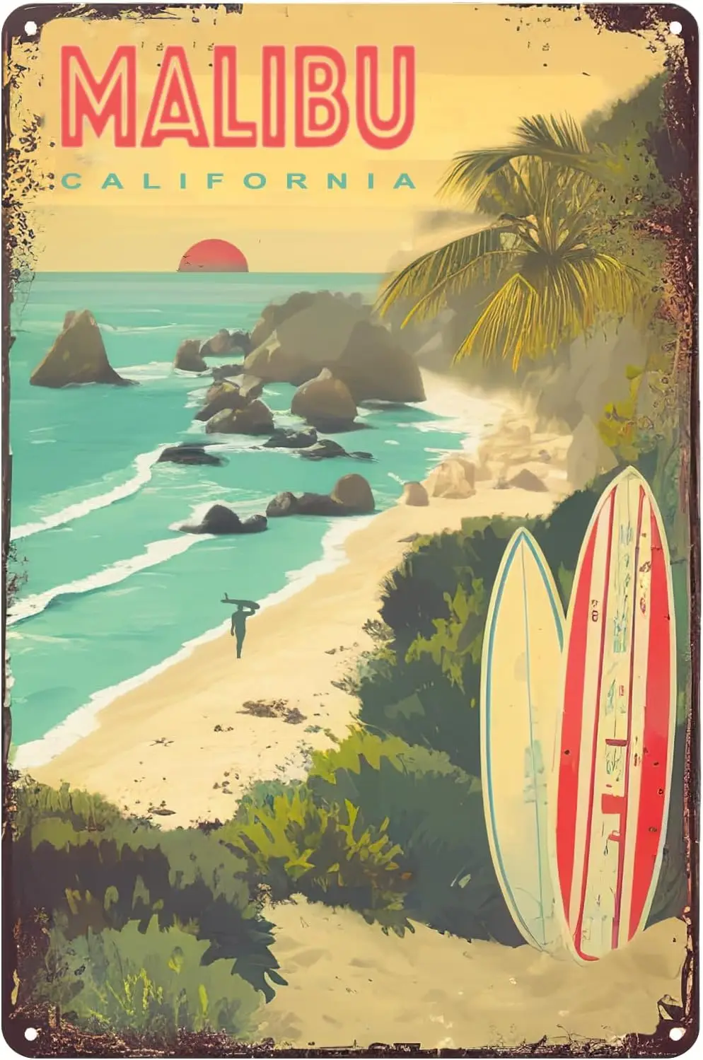 Targa In Metallo 'Malibu California' - Cartello Decorativo Da Parete Stile Avventuriero