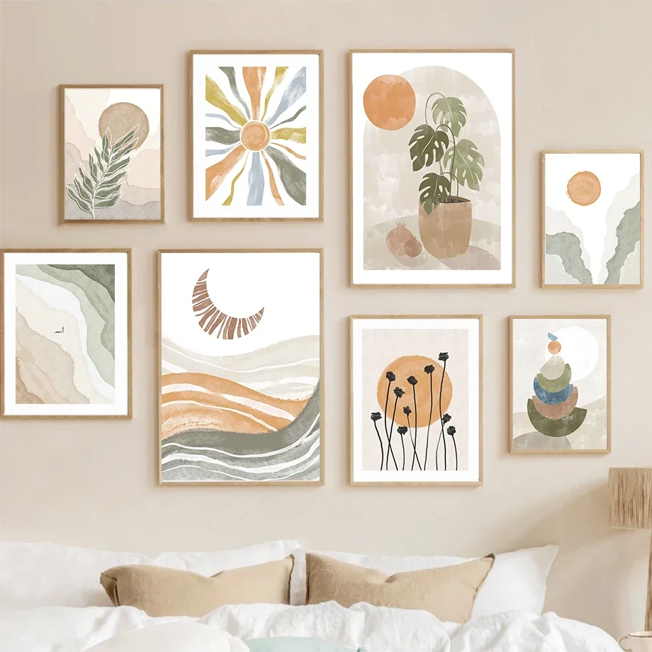 

Boho Minimalist Beach Monstera Leaf Sun Rainbow Wall Art Posters And PrintsCanvas Painting Wall Pictures For Living Room Decor