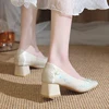 New Embroidery Satin Bride Shoes Women Chinese Style Slip On Thick Heels Pumps Woman Square Toe Wedding High Heel Shoes Ladies 4