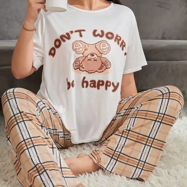 Oversized casual cute teddy bear printed short sleeved top & pants pajamas for home wear