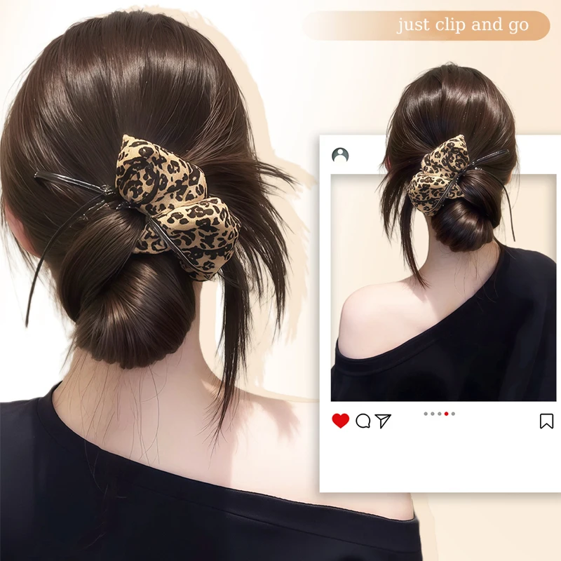 Sythetic Messy Hair Bun Claw Clip Hairpiece with Leopard Print Scrunchie Low Updo Hair Extensions Wig for Women Daily&Party Use
