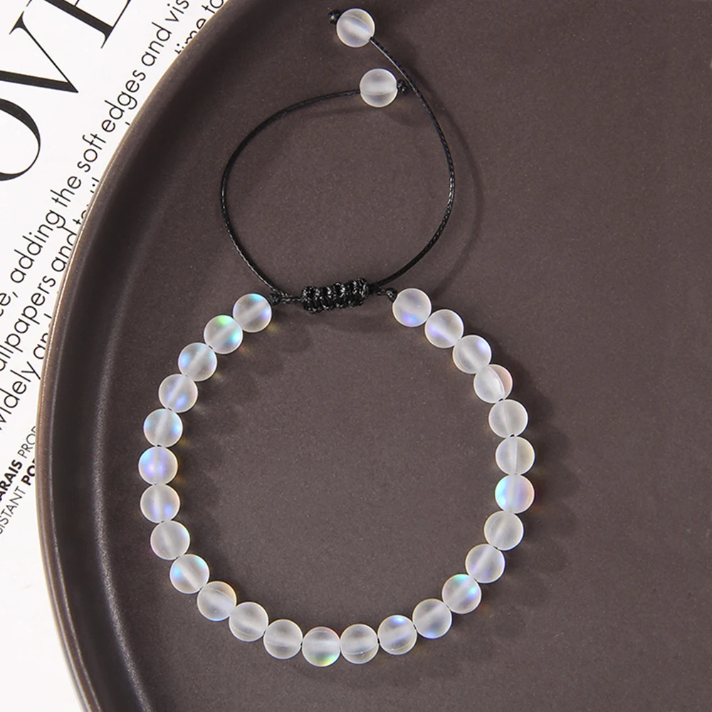 White Moonstone Beaded Bracelets For Women Men 6mm Beads Multicolor Frosted Mermaid Glass Austrian Crystal Braided Bracelet