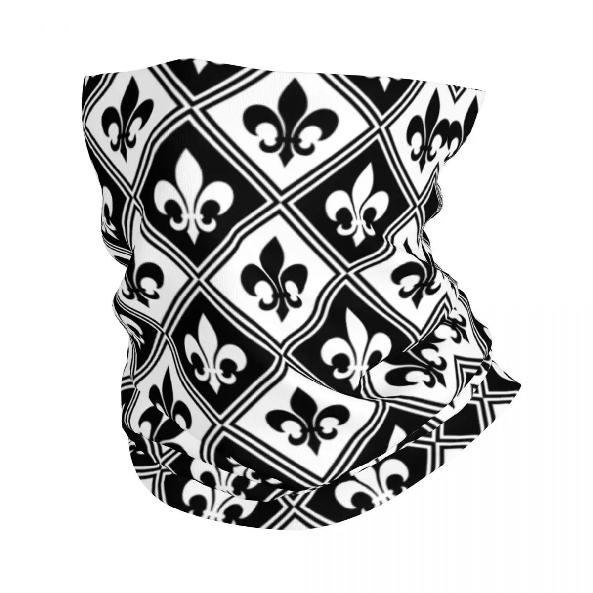 

Black Fleur De Lis And Diamond Pattern Bandana Neck Warmer Winter Ski Hiking Scarf Gaiter Fleur-De-Lys Lily Floral Face Cover