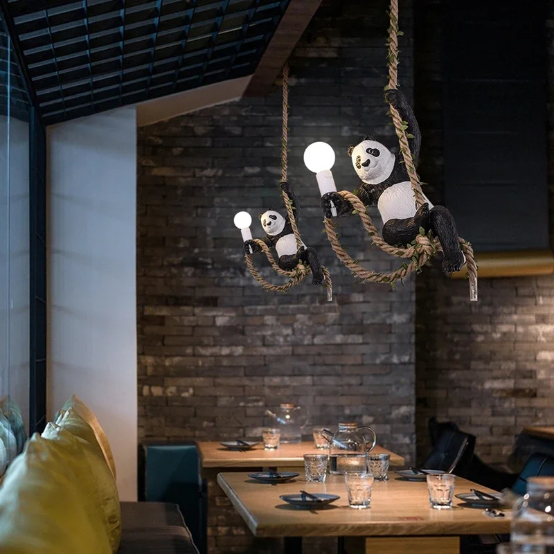 Indoor Lighting Vintage Resin Panda Pendant Light Loft Hemp Rope Hanging Lamp Fixture Home Decor Luminaire Suspension Chandelier - 5
