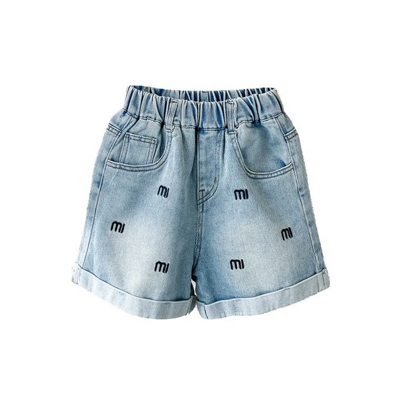 Summer Teen Girls Fashion Letter Embroidery Shorts Korean Style Cotton Kids Clothes School Casual Solid Denim Shorts 5-14 Years