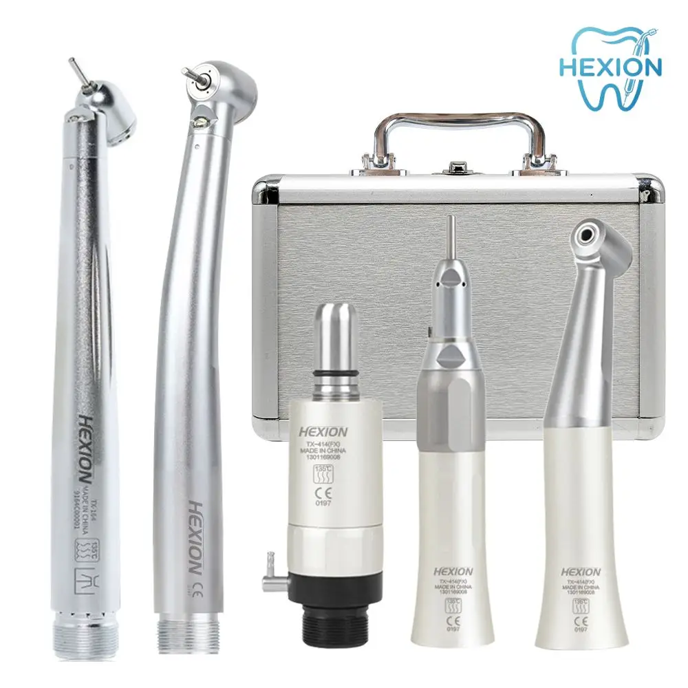 HEXION Dental 45-Grad Hoch- und Niedriggeschwindigkeits-Handstück-Set FX Gerades Handstück und 1:1 Winkelstück Luftmotor 3-fach Wasserspray 4/2 Loch