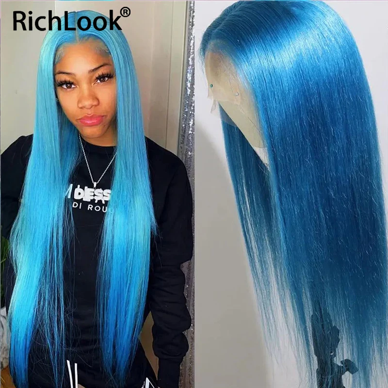 

Lake Blue HD Transparent Lace Frontal Wig Straight Preplucked 13x4 Lace Front Wigs Human Hair Light Blue Brazilian Guleless Wigs