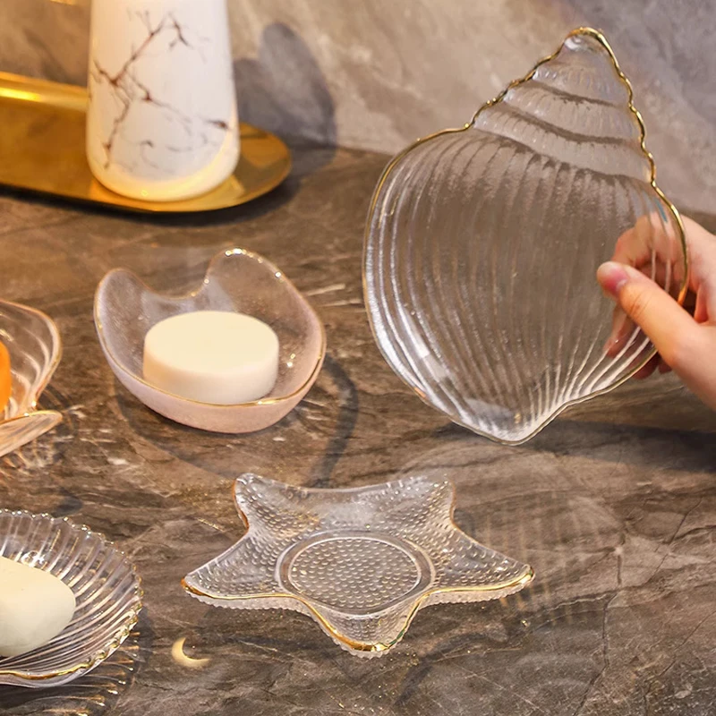 Creative Transparent Glass Gold Border Soap Box, Conch Shaped, Pentagram shape, Soap Dishes, Home Bathroom Kitchen Articles, 1Pc