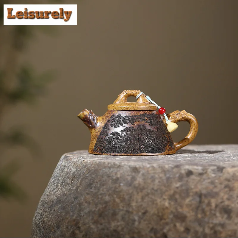 180ml Yixing Purple Clay Teapots Handmade Dragon Stone Scoop Pot Raw Ore The Keel Gold Sand Kettle With Strainer Zisha Tea Set