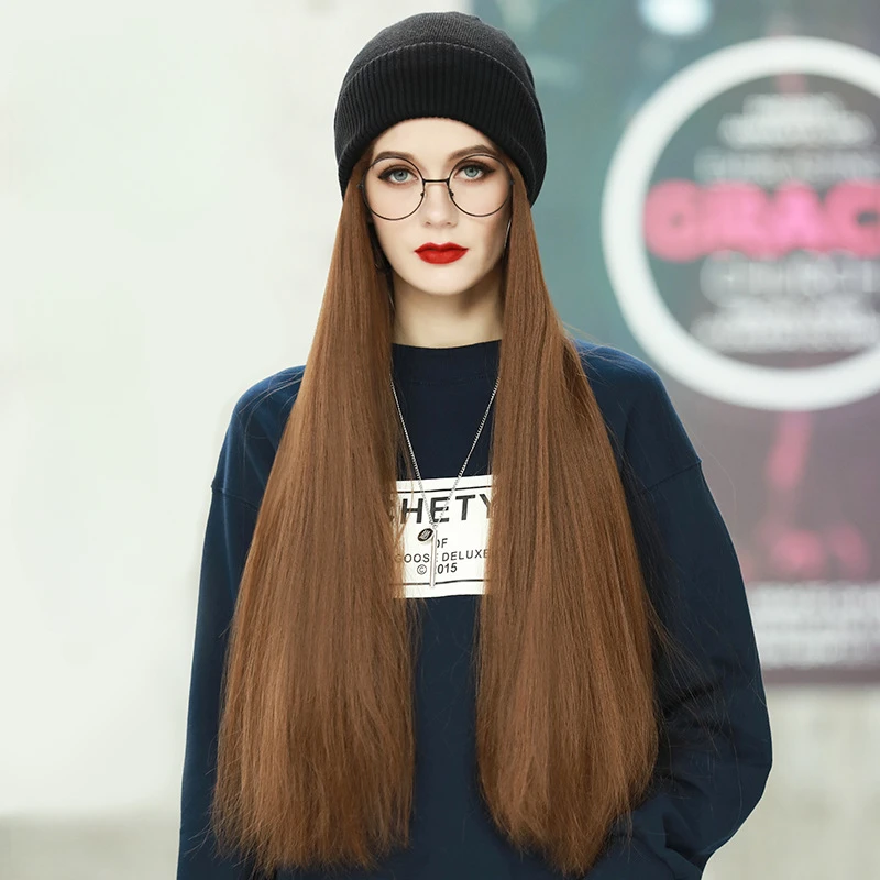 

Long Straight Wigs Hat Women One-piece Wig Hats Elegant Lady Wig Beanies High-quality Natural Wig Bonnets Winter Warm Wig Bonnet