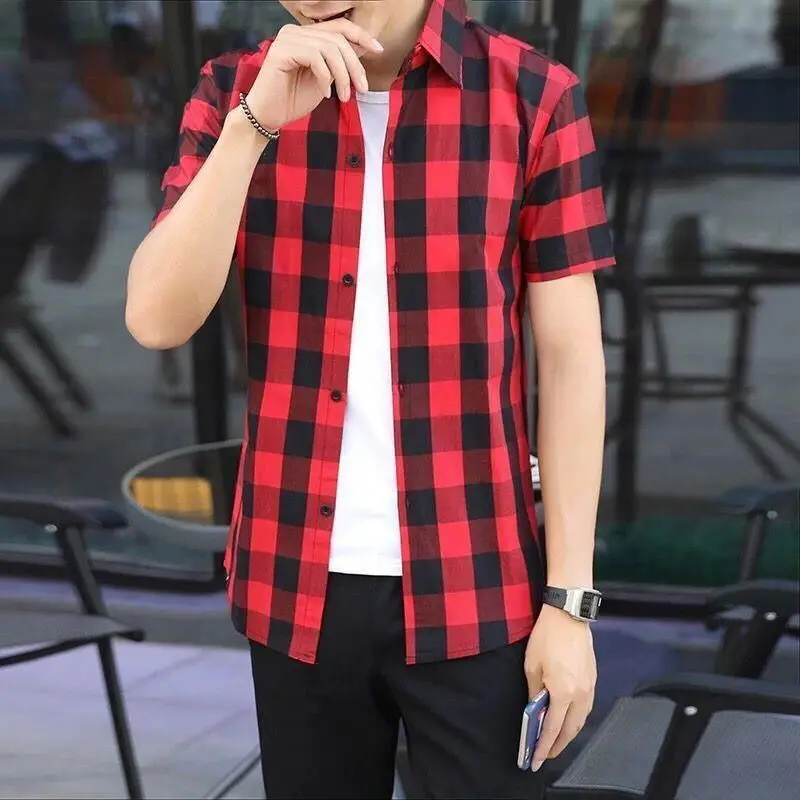 thumbnail image 1 of Camisas y blusas de cuadros rojos para hombre de media manga, de seda, de algodón, de marca barata, estilo hipster coreano, ropa de diseñador asiática, 1 of 5