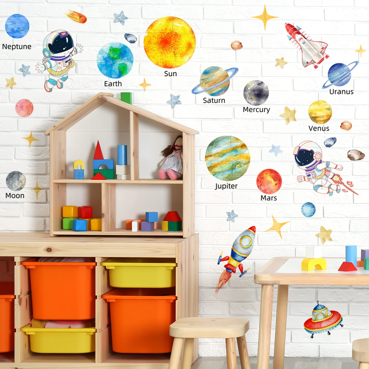 Wall Sticker Solar System Kids Wall Stickers Astronaut Stars Wall Decals Decor for Baby Boy Girl Room Bedroom Living Room Classroom