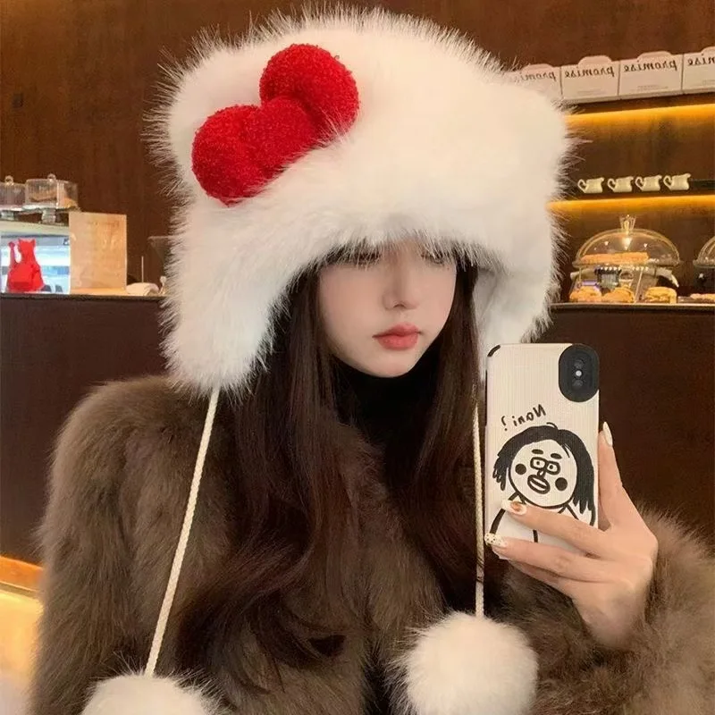 Korean Autumn Winter Cute White Cat Red Bow Plush Hat Girls Fashion Warm Hats Anti-freeze Ear Caps Outdoor for Women Gifts