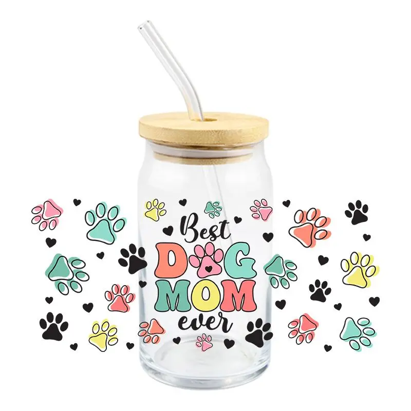 Dog Mom UV DTF Wrap Transfer Stickers Cartoon Cute Design DTF Wrap For Glasses Cups Bottles Decal Easy To Use