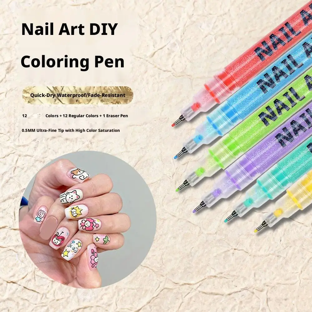 12가지 색상 아크릴 네일 아트 펜 0.5mm 미세 팁 방수 페인트 마커 빠른 건조 DIY 드로잉 디자인 도구용 컬러