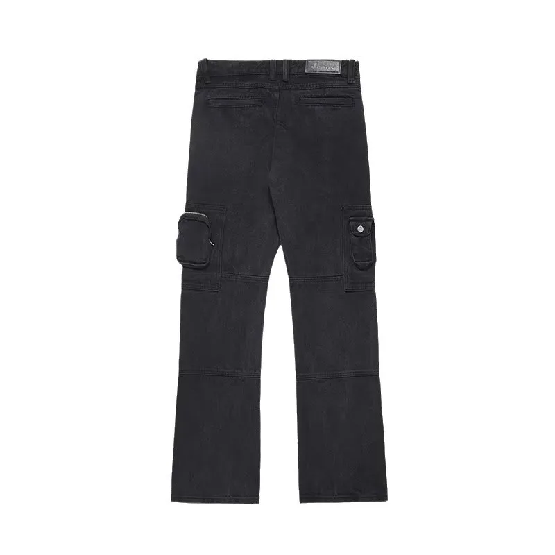 Four Seasons Men's Trendy American Style Multi Pockets Motorcycle Cargo Pants Washed Loose Straight Bootcut Jeans Trousers Male 5