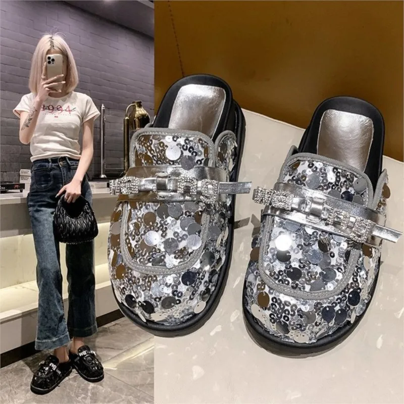 

French silver slippers for women to wear 2024 summer new thick sole breathable increase Bao head slippers