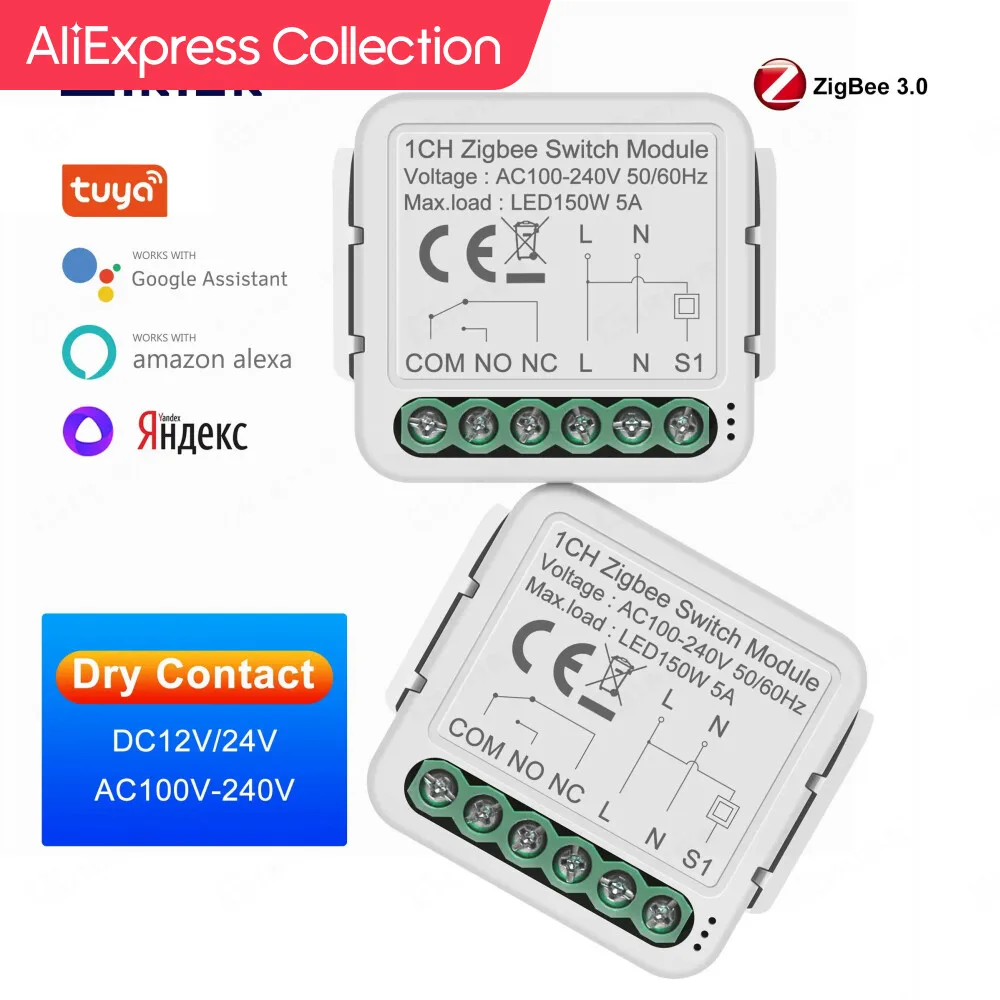 Aliexpress Collection Girier Tuya Smart Zigbee Switch Module 5A Contatto A Secco Relè Interruttore Universale Dc 12/24V Ac 100-240V Funziona