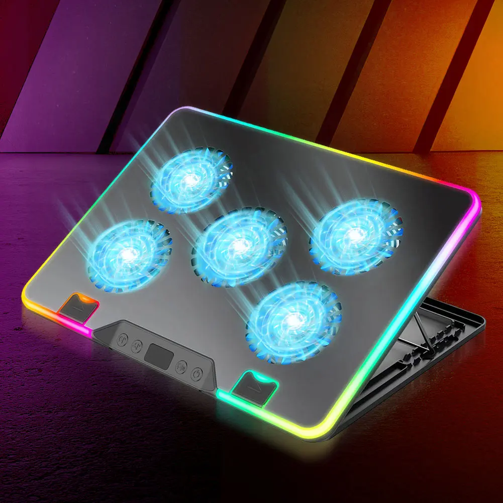 5개의 저소음 팬이 있는 노트북 쿨링 패드, 2개의 USB 포트가 있는 노트북 쿨러, 11-17.3인치 컴퓨터 PC 노트북 게이밍 노트북용 노트북 쿨러
