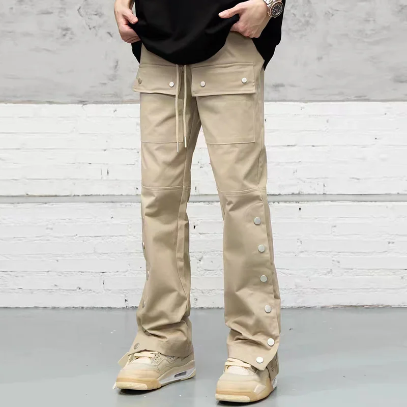 

Side Ankle Button Pockets Drawstring Cargo Pants Men's Straight Solid Color Streetwear Baggy Casual Overalls Y2K Unisex Trousers