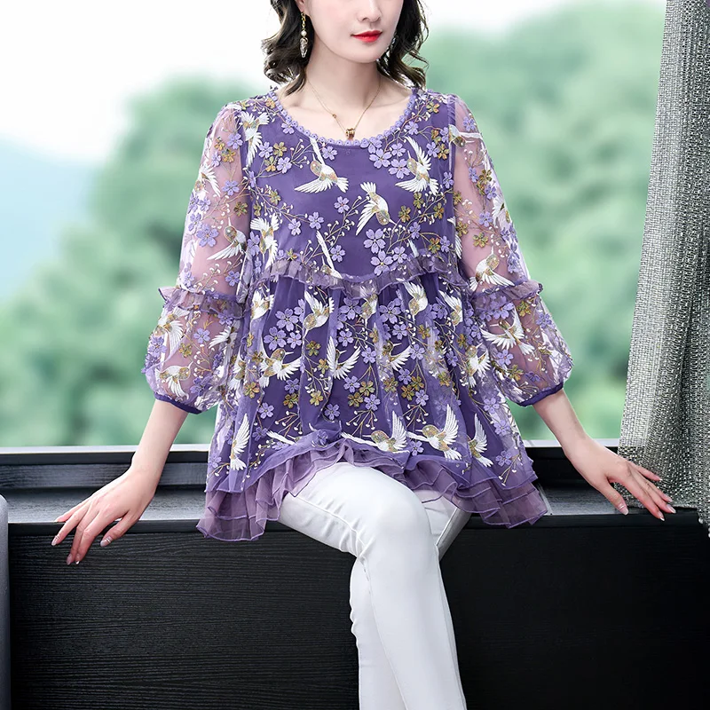 

Spring and Summer New Purple Flower Embroidery Mesh Top Women's Doll Neck Loose Poached Dress Lace Long Shirt