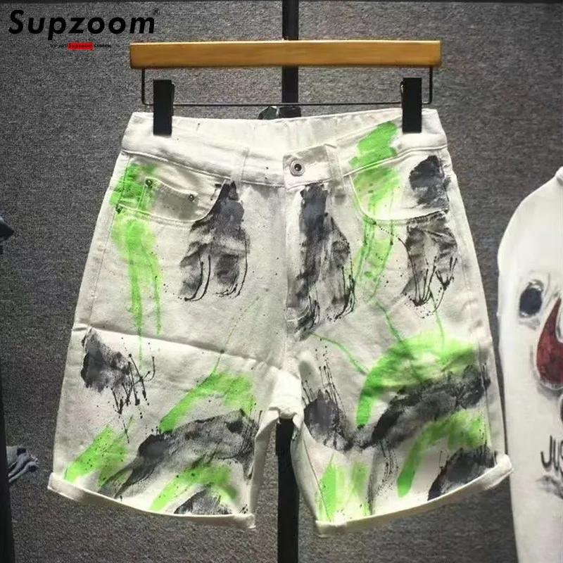 Casual Summer Splash Ink Denim Hand-painted Graffiti Loose Straight Shorts Men
