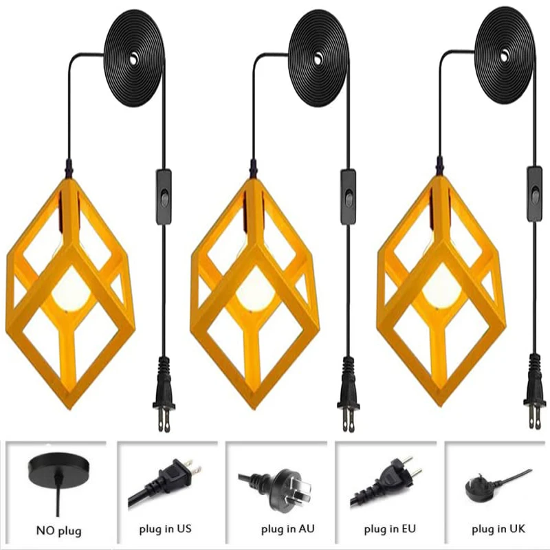 

3 Pack Nordic Macaron Square Pendant Lighting, Modern Metal Shade Hanging Lamp, Mini Yellow Plug In Ceiling Light Fixtures,
