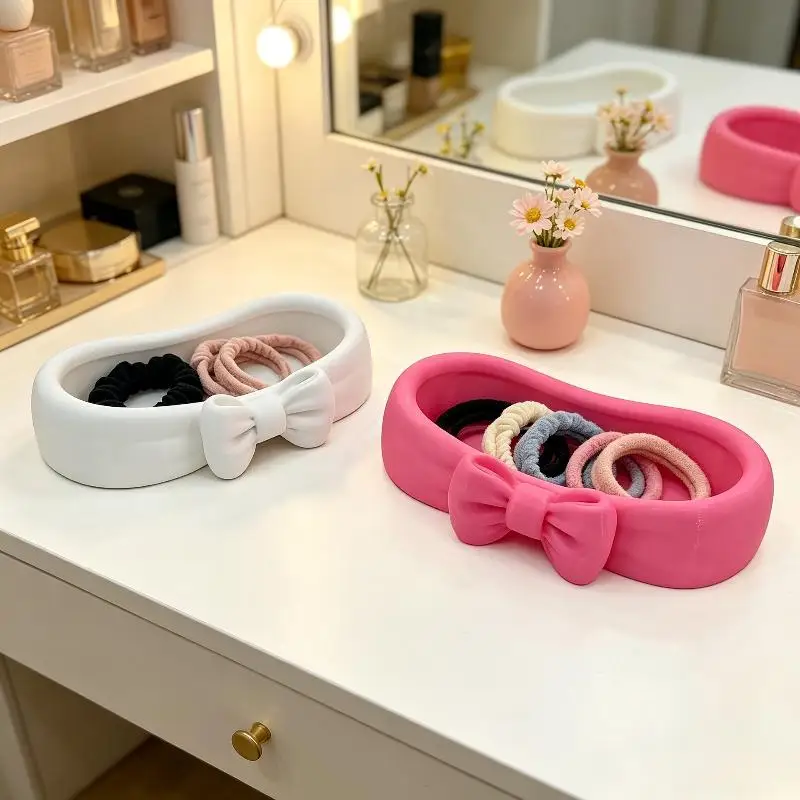 Jewelry Storage Tray with Cute Bow Decor Smooth Large Capacity Portable Travel Organizer for Vanity Jewelry Cosmetics Storage