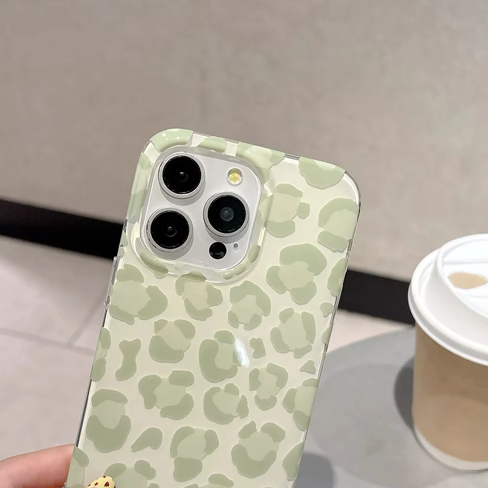 Chic Leopard Print Phone Case with Green-Pink Design and Leather Texture