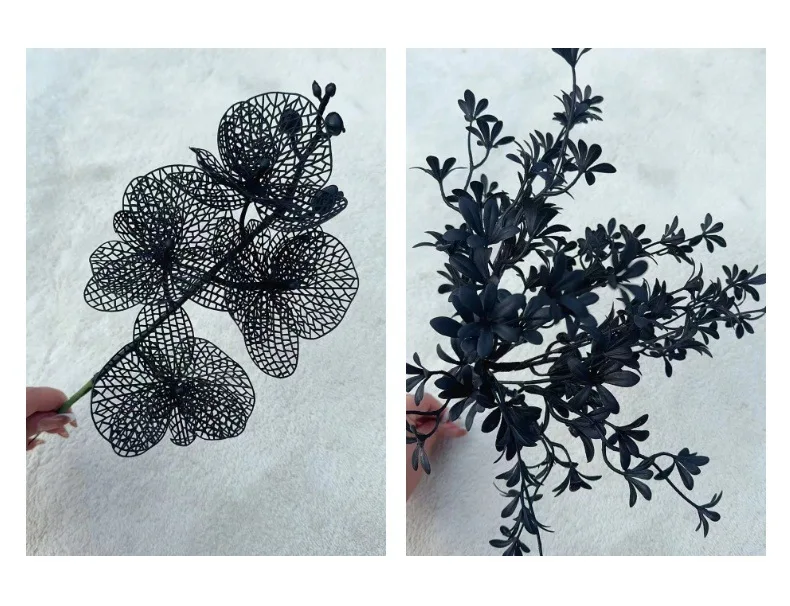 1 stücke Schwarz Halloween Künstliche Blume Seide Pflanzen Lassen Zweig Bambus Dahlie Party-Event Blumenstrauß Hause Tisch Decorayion – Detail 12